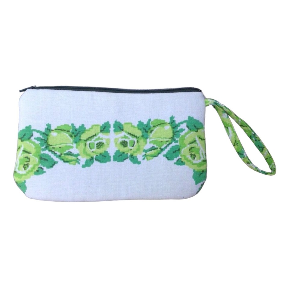 Vintage Fabric Handmade Wristlet Clutch Floral Green Make up Travel Case Bag - Picture 7 of 10